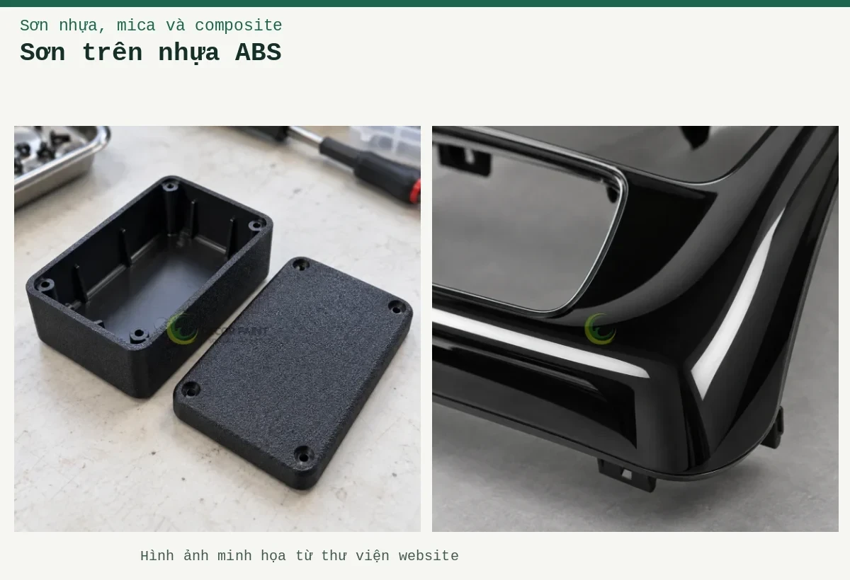 Sơn trên nhựa ABS – Ảnh minh họa: Chi tiết nhựa ABS đen bóng; Hộp thiết bị nhựa ABS và nắp rời hoàn thiện sơn nhám đen.
