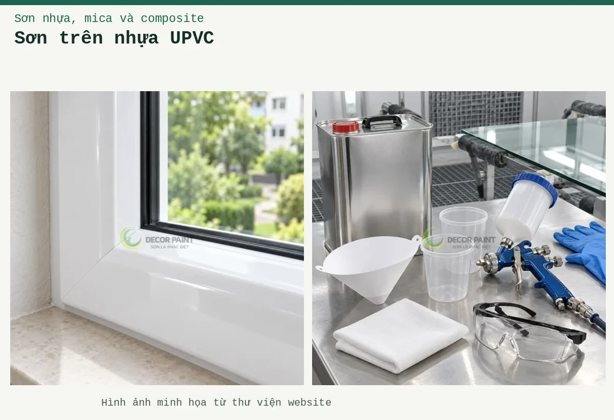 Sơn trên nhựa UPVC – Ảnh minh họa: Cận góc nối khung cửa sổ uPVC trắng bóng với gioăng kính màu đen; Dụng cụ pha sơn.
