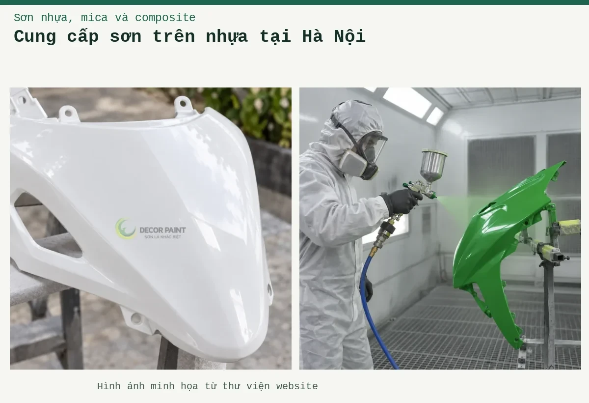 Cung cấp sơn trên nhựa tại Hà Nội – Ảnh minh họa: thi công phun sơn tấm nhựa trong buồng phun; Chi tiết ốp nhựa trắng bóng.