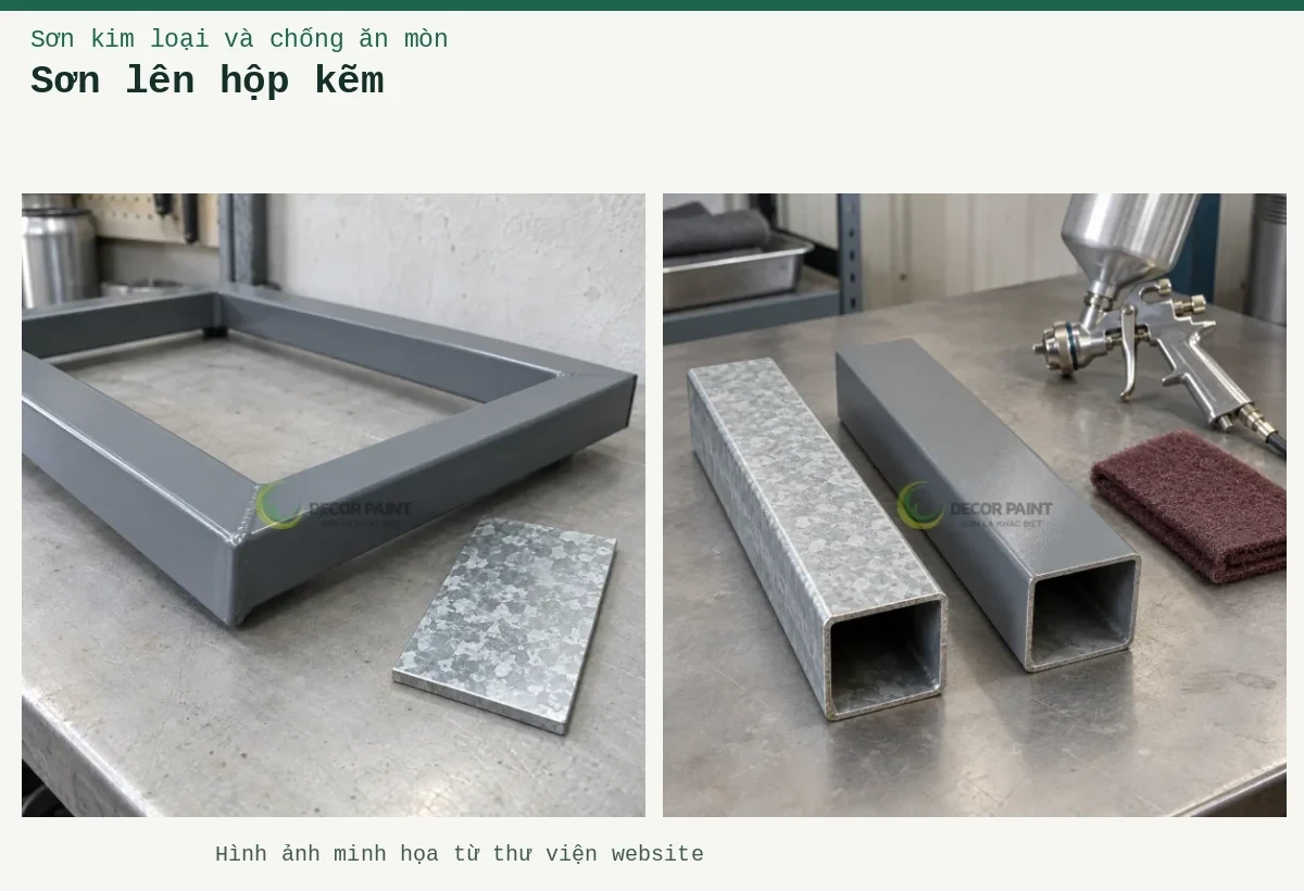 Sơn lên hộp kẽm – Ảnh minh họa: Mẫu ống thép hộp mạ kẽm và mẫu đã phủ màu xám trên bàn chuẩn bị bề mặt; Khung thép hộp phủ màu xám bên tấm mẫu bề mặt mạ kẽm.