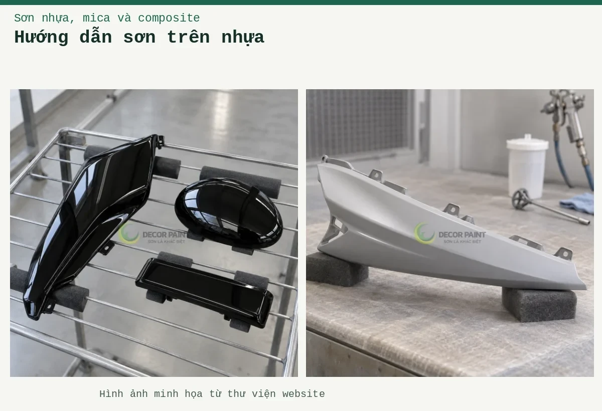 Hướng dẫn sơn trên nhựa – Ảnh minh họa: Chi tiết nhựa đen bóng trên giá; Ốp nhựa trên đệm.