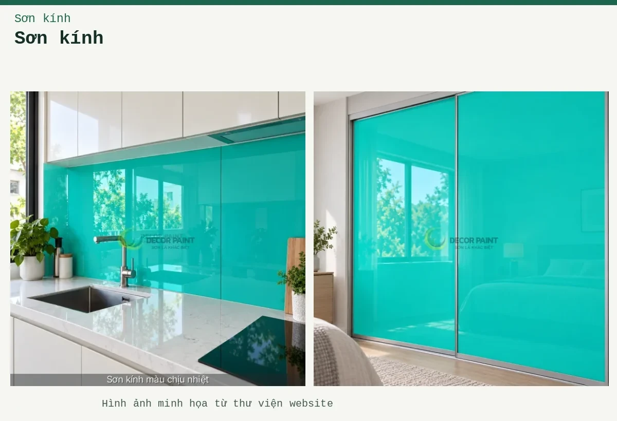 Sơn kính – Ảnh minh họa: Kính ốp bếp xanh ngọc; Cửa tủ kính xanh ngọc.