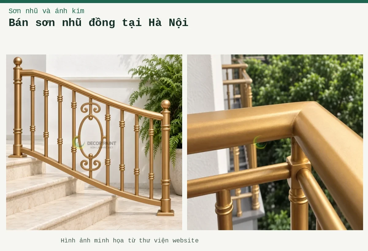 Bán sơn nhũ đồng tại Hà Nội – Ảnh minh họa: Lan can bậc thềm sơn nhũ đồng; Góc lan can sơn nhũ đồng.