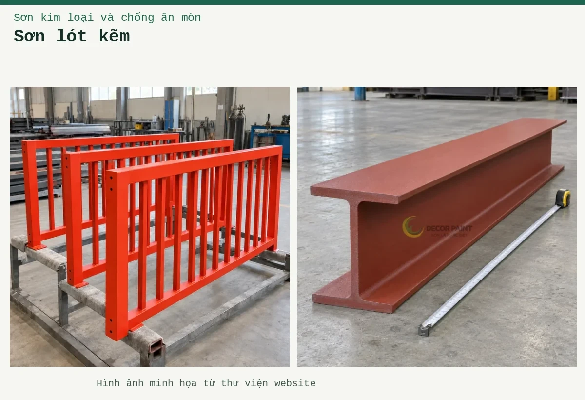Sơn lót kẽm – Ảnh minh họa: Sơn lót kim loại đỏ oxit – cấu kiện lan can được sơn lót; Dầm thép chữ I phủ sơn lót nâu đỏ cùng thước dây trên nền xưởng.