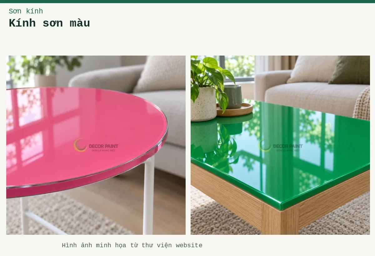 Kính sơn màu – Ảnh minh họa: Mặt bàn kính màu hồng; Mặt bàn kính xanh lá.
