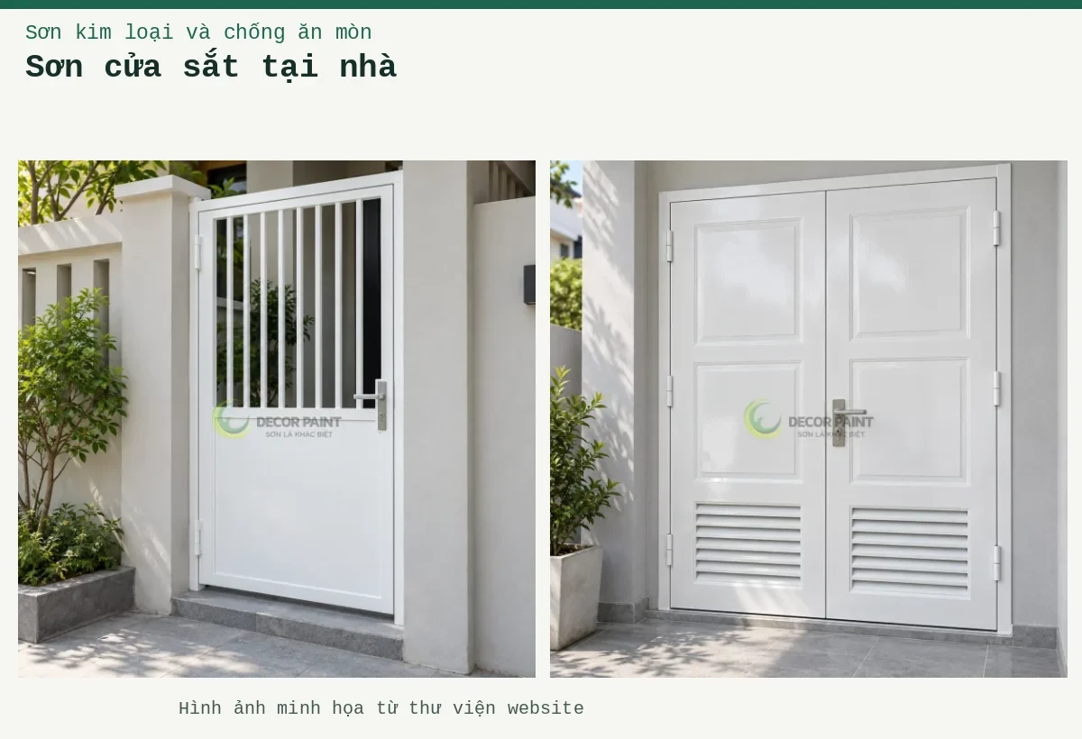 Sơn cửa sắt tại nhà – Ảnh minh họa: Cửa sắt hoàn thiện màu trắng tại lối vào nhà; Cửa sắt hai cánh sơn trắng bóng, pano phía trên và lam thông gió phía dưới.