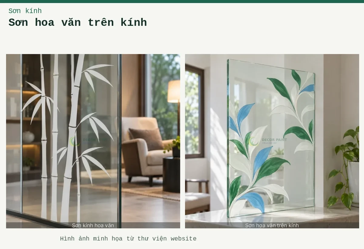 Sơn hoa văn trên kính – Ảnh minh họa: Hoa văn tre màu trắng sơn trên vách kính trong; Minh hoạ sơn hoa văn trên kính: trắng bóng / xanh ngọc / xanh da trời, thấy rõ bề mặt và cạnh kính.