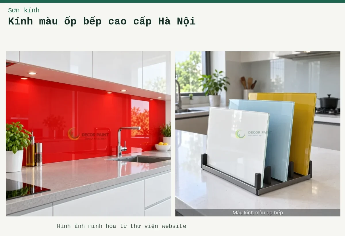 Kính màu ốp bếp cao cấp Hà Nội – Ảnh minh họa: Kính ốp bếp màu đỏ tươi; Minh hoạ mẫu kính màu ốp bếp: trắng bóng / xanh da trời / vàng nghệ, thấy rõ bề mặt và cạnh kính.