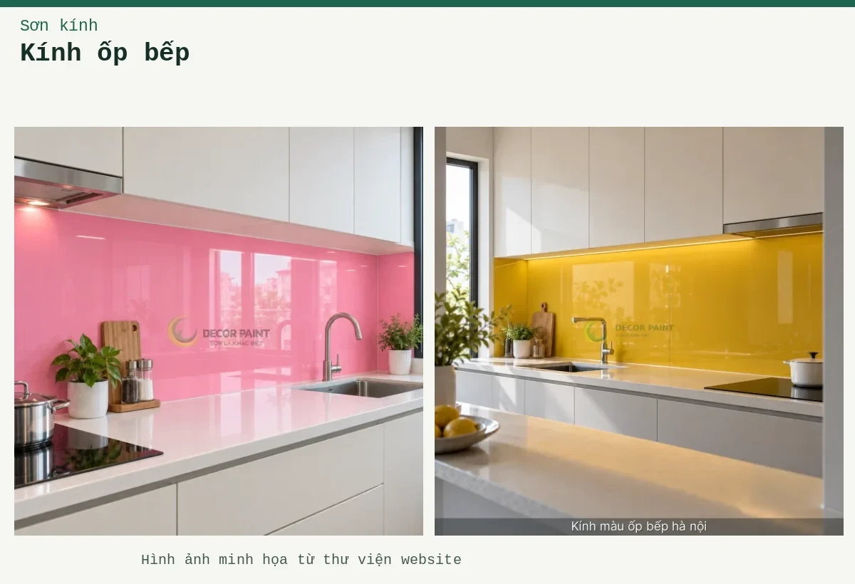 Kính ốp bếp – Ảnh minh họa: Kính ốp bếp màu hồng bóng; Minh hoạ kính màu ốp bếp hà nội: vàng nghệ, thấy rõ bề mặt và cạnh kính.