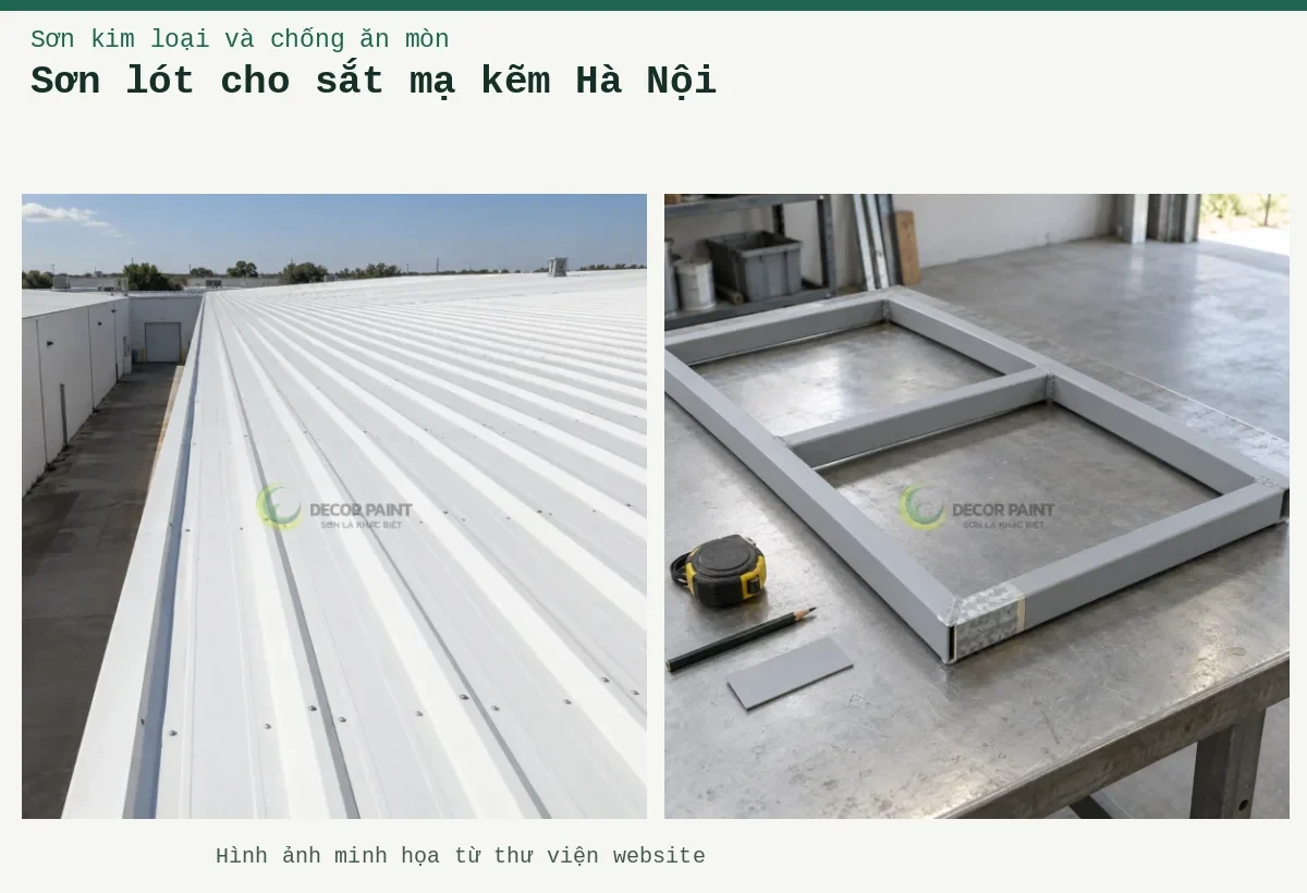 Sơn lót cho sắt mạ kẽm Hà Nội – Ảnh minh họa: Minh họa khung thép mạ kẽm phủ sơn chống rỉ và phần mẫu bề mặt kẽm; Các dải mái tôn công nghiệp màu trắng nhìn dọc theo công trình.
