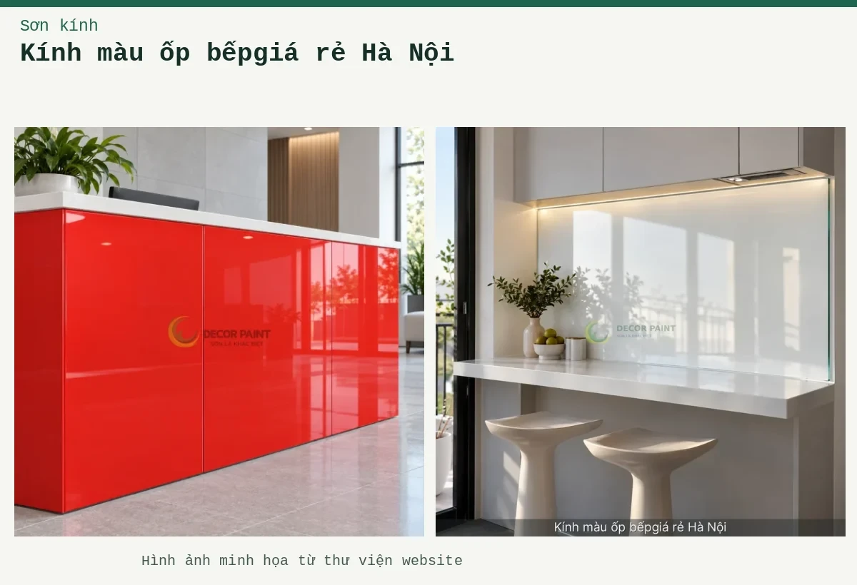 Kính màu ốp bếpgiá rẻ Hà Nội – Ảnh minh họa: Minh hoạ kính màu ốp bếpgiá rẻ Hà Nội: trắng bóng, thấy rõ bề mặt và cạnh kính; Kính ốp quầy màu đỏ tươi.