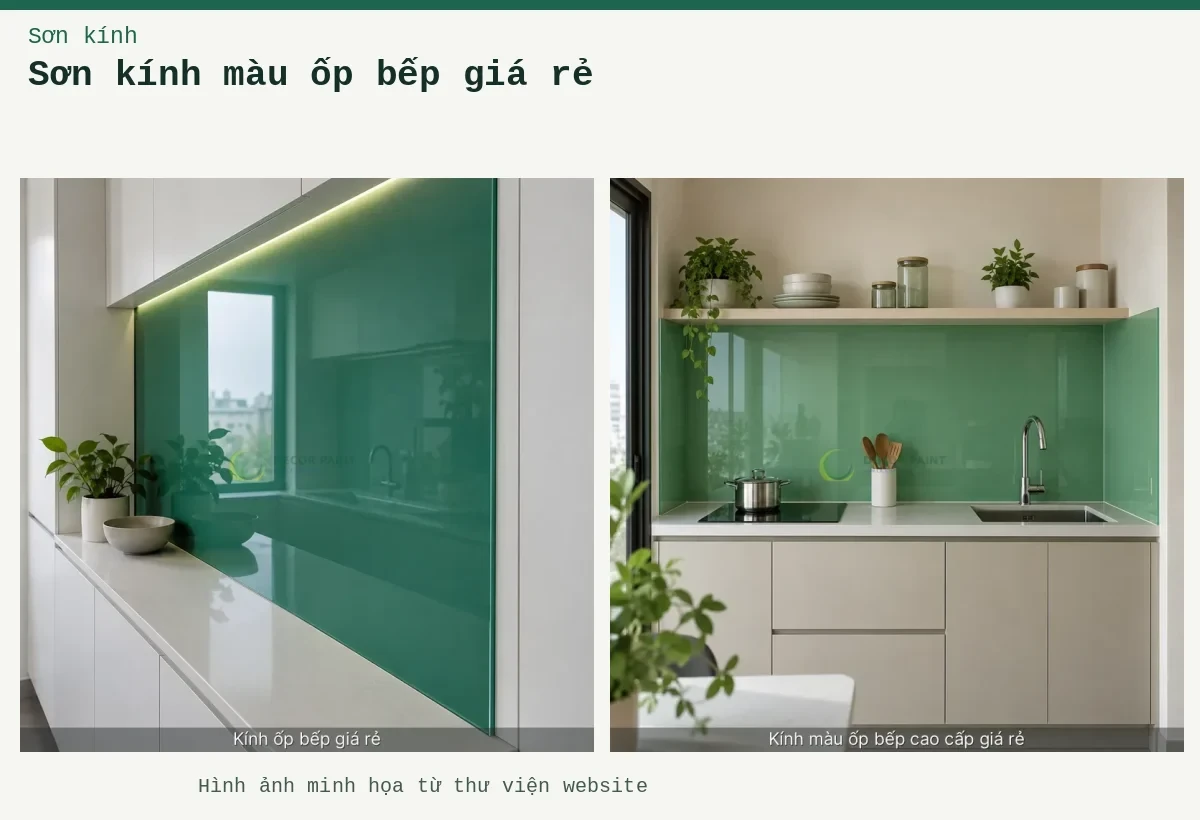 Sơn kính màu ốp bếp giá rẻ – Ảnh minh họa: Minh hoạ kính ốp bếp giá rẻ: xanh ngọc, thấy rõ bề mặt và cạnh kính; Minh hoạ kính màu ốp bếp cao cấp giá rẻ: xanh ngọc, thấy rõ bề mặt và cạnh kính.