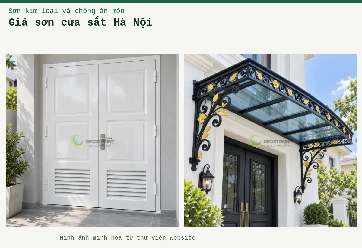 Giá sơn cửa sắt Hà Nội – Ảnh minh họa: Mái kính cửa vào phối sắt đen nhũ vàng; Cửa sắt hai cánh sơn trắng bóng, pano phía trên và lam thông gió phía dưới.