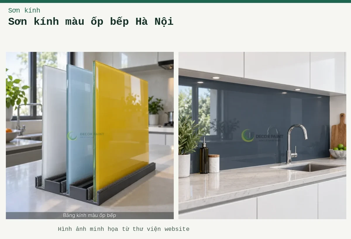Sơn kính màu ốp bếp Hà Nội – Ảnh minh họa: Kính ốp bếp màu ghi đậm; Minh hoạ bảng kính màu ốp bếp: trắng bóng / xanh da trời / vàng nghệ, thấy rõ bề mặt và cạnh kính.