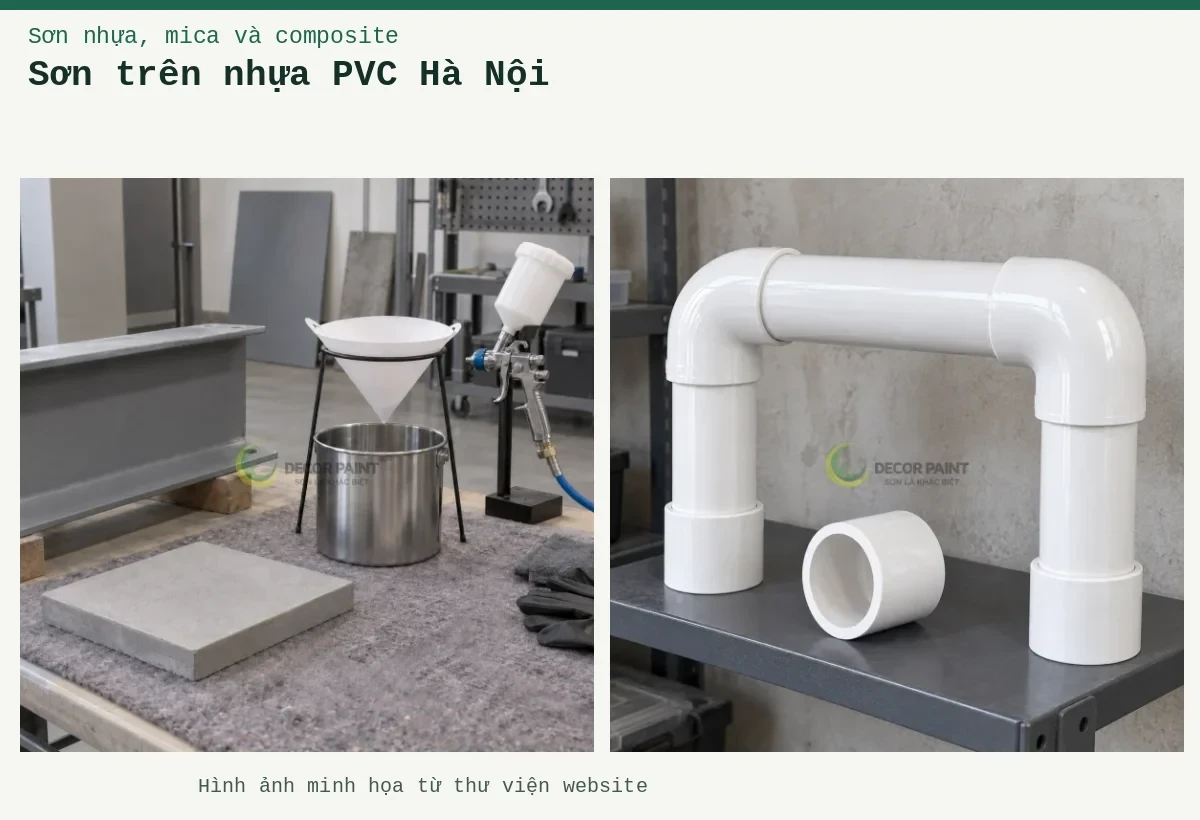 Sơn trên nhựa PVC Hà Nội – Ảnh minh họa: Cụm ống, cút nối và măng sông PVC phủ sơn trắng bóng trên giá kỹ thuật; Lọc sơn và mẫu nền.