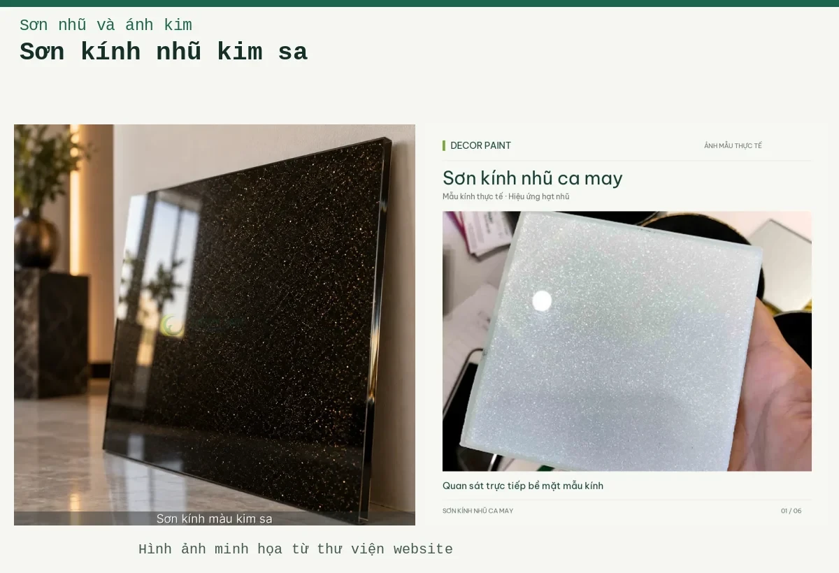 Sơn kính nhũ kim sa – Ảnh minh họa: Sơn kính nhũ ca may – Mẫu kính thực tế; Kính trang trí với nhũ ca may vàng kim mịn.