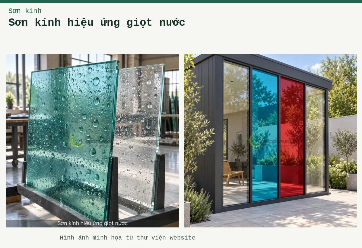 Sơn kính hiệu ứng giọt nước – Ảnh minh họa: Kính trang trí hiệu ứng giọt nước; Ứng dụng kính đỏ và cyan.
