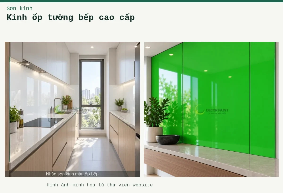 Kính ốp tường bếp cao cấp – Ảnh minh họa: Kính sơn trắng liền tấm ốp tường bếp, tạo bề mặt sáng và dễ vệ sinh; Kính ốp tường.
