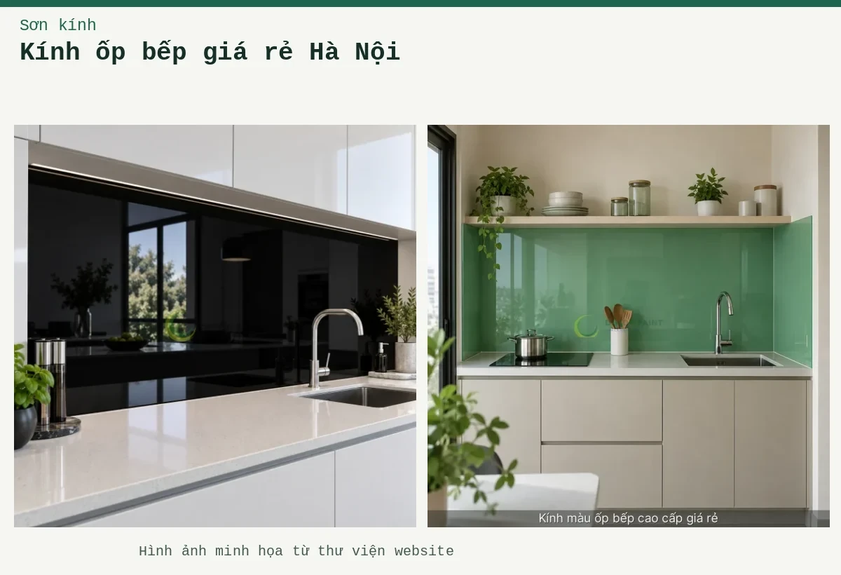 Kính ốp bếp giá rẻ Hà Nội – Ảnh minh họa: Kính ốp bếp đen; Minh hoạ kính màu ốp bếp cao cấp giá rẻ: xanh ngọc, thấy rõ bề mặt và cạnh kính.