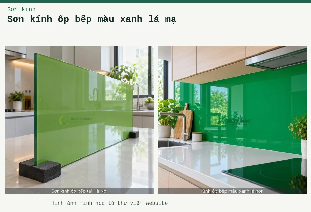 Sơn kính ốp bếp màu xanh lá mạ – Ảnh minh họa: Kính bếp xanh lá; Minh hoạ sơn kính ốp bếp tại Hà Nội: xanh lá non, thấy rõ bề mặt và cạnh kính.