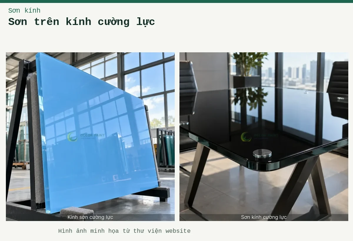 Sơn trên kính cường lực – Ảnh minh họa: Mặt bàn kính cường lực sơn đen bóng; Minh họa kính sơn cường lực với bề mặt kính và màu xanh da trời / xanh dương.
