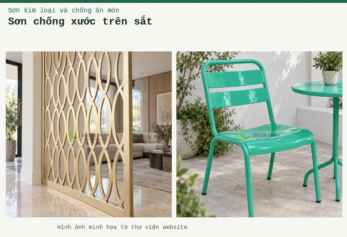 Sơn chống xước trên sắt – Ảnh minh họa: Vách sắt CNC họa tiết hình học; Bàn ghế sắt xanh RS006.