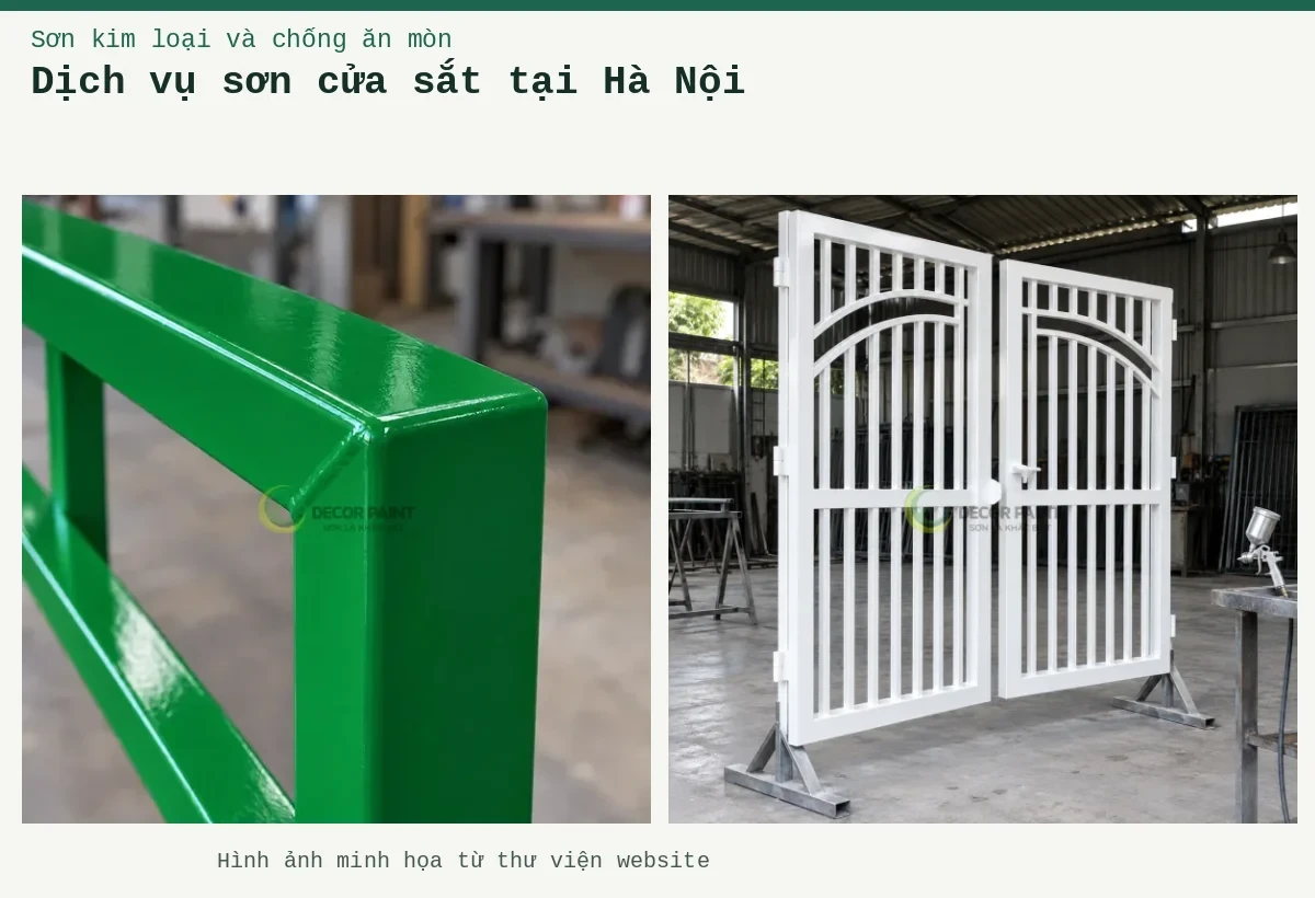 Dịch vụ sơn cửa sắt tại Hà Nội – Ảnh minh họa: Hai cánh cửa sắt hoàn thiện màu trắng trên giá đỡ tại xưởng; Chi tiết góc hàn của khung sắt hộp được phủ sơn xanh lá bóng.