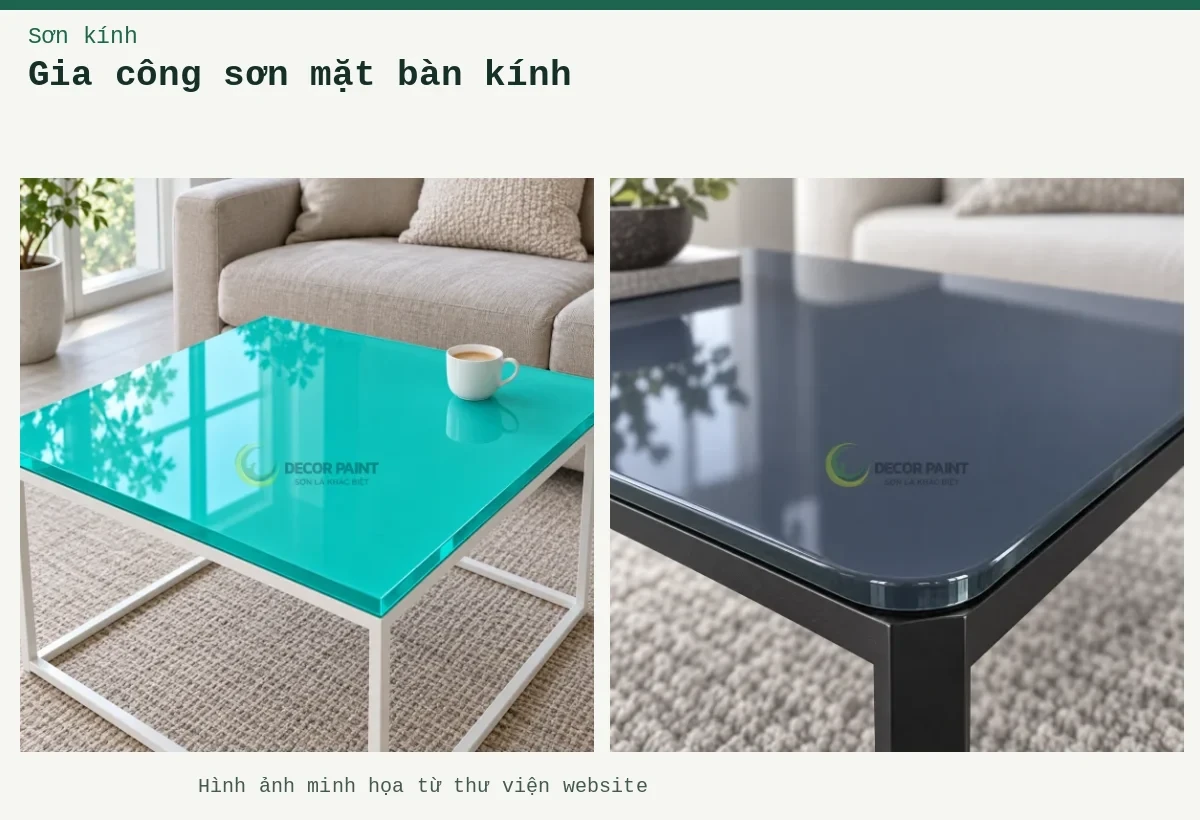 Gia công sơn mặt bàn kính – Ảnh minh họa: Mặt bàn kính xanh ngọc; Mặt bàn kính màu ghi đậm.