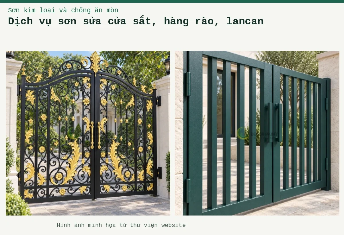 Dịch vụ sơn sửa cửa sắt, hàng rào, lancan – Ảnh minh họa: Cửa cổng sắt hộp; Cổng biệt thự hai cánh sắt đen nhũ vàng.
