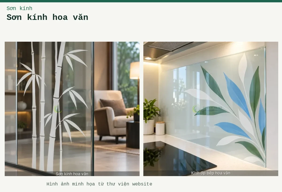 Sơn kính hoa văn – Ảnh minh họa: Minh hoạ kính ốp bếp hoa văn: trắng bóng / xanh ngọc / xanh da trời, thấy rõ bề mặt và cạnh kính; Hoa văn tre màu trắng sơn trên vách kính trong.