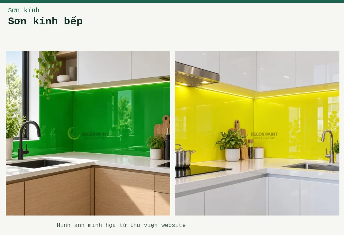 Sơn kính bếp – Ảnh minh họa: Kính bếp góc L; Kính bếp vàng chanh.