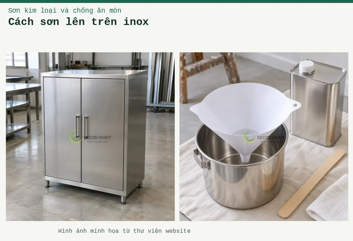 Cách sơn lên trên inox – Ảnh minh họa: Minh họa tủ inox hai cánh đóng kín với bề mặt xước bạc; Chuẩn bị lọc dung môi.