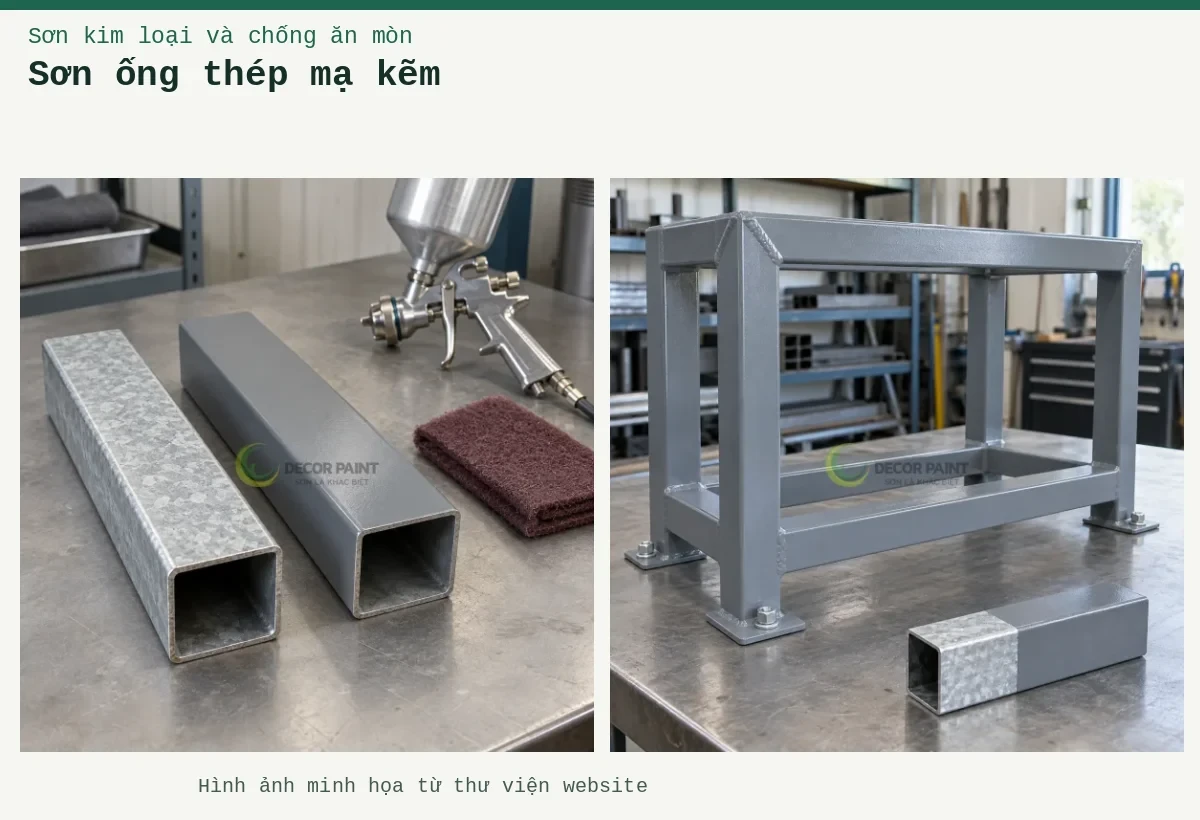 Sơn ống thép mạ kẽm – Ảnh minh họa: Mẫu ống thép hộp mạ kẽm và mẫu đã phủ màu xám trên bàn chuẩn bị bề mặt; Khung sắt mạ kẽm phủ màu ghi và mẫu ống hộp để đối chiếu bề mặt.