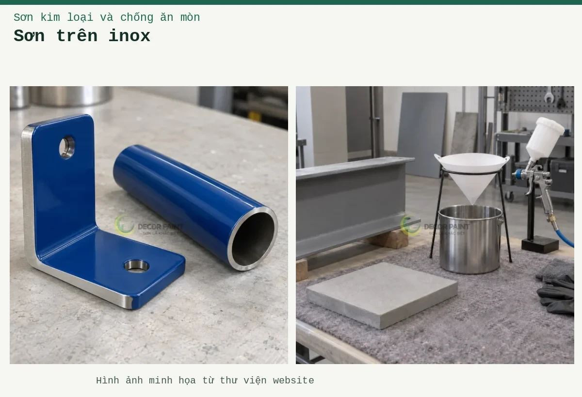 Sơn trên inox – Ảnh minh họa: Minh họa giá đỡ và ống inox phủ màu xanh, với mép kim loại để đối chiếu; Lọc sơn và mẫu nền.