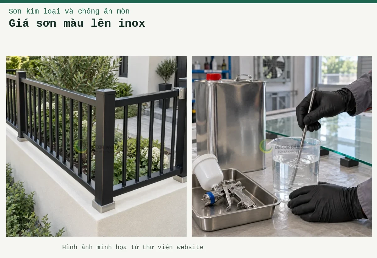 Giá sơn màu lên inox – Ảnh minh họa: Hàng rào inox phủ màu đen tại góc sân vườn; Khuấy dung môi.