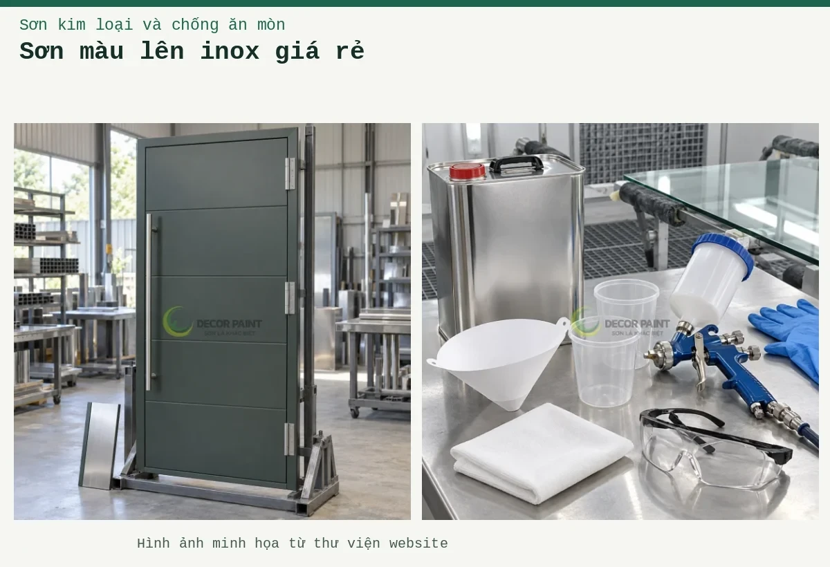 Sơn màu lên inox giá rẻ – Ảnh minh họa: Cửa inox phủ màu xám xanh trên giá gia công; Dụng cụ pha sơn.