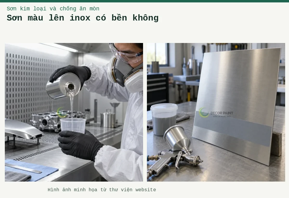 Sơn màu lên inox có bền không – Ảnh minh họa: Tấm inox xước với dải phủ thử màu xám, cốc pha và súng phun trên bàn chuẩn bị; Chuẩn bị thành phần đóng rắn bằng cốc đong tại bàn pha sơn có thông gió.