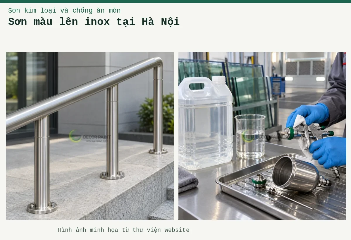 Sơn màu lên inox tại Hà Nội – Ảnh minh họa: Minh họa tay vịn và chân trụ inox với bề mặt xước bạc hoàn thiện; Vệ sinh súng phun.