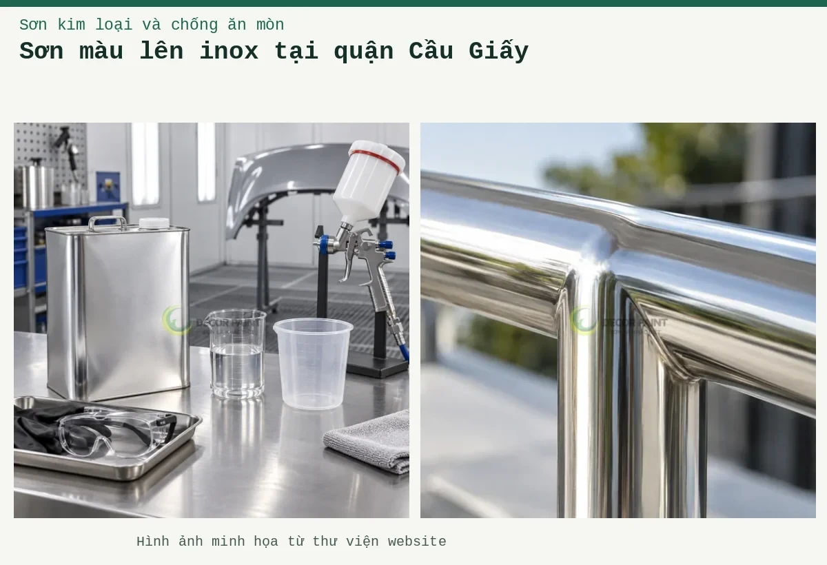 Sơn màu lên inox tại quận Cầu Giấy – Ảnh minh họa: Cận cảnh góc nối lan can inox để quan sát bề mặt trước khi chọn lớp phủ bảo vệ; Bàn chuẩn bị sơn 2K.