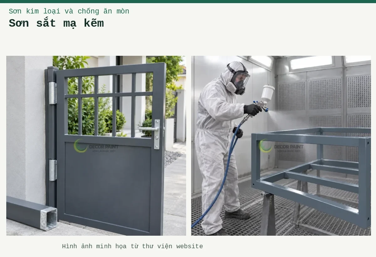 Sơn sắt mạ kẽm – Ảnh minh họa: Cửa sắt mạ kẽm phủ màu ghi cùng mẫu vật liệu đối chiếu; Minh họa phun sơn ghi nhạt trên khung sắt mạ kẽm trong buồng phun.