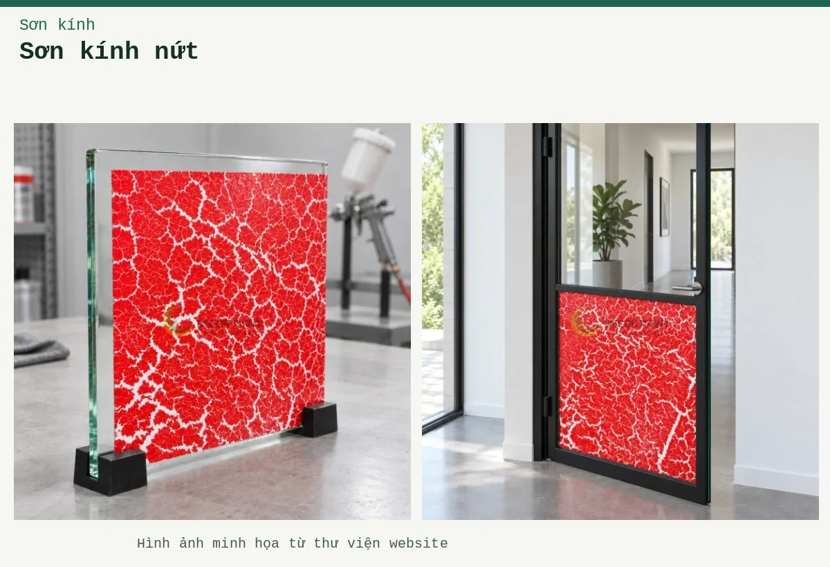 Sơn kính nứt – Ảnh minh họa: Cửa khung kim loại đen kết hợp kính trong và ô kính phủ sơn nứt đỏ trắng phía dưới; Tấm kính phủ sơn nứt đỏ tươi với khe rạn trắng; viền kính trong suốt thể hiện rõ nền vật liệu.