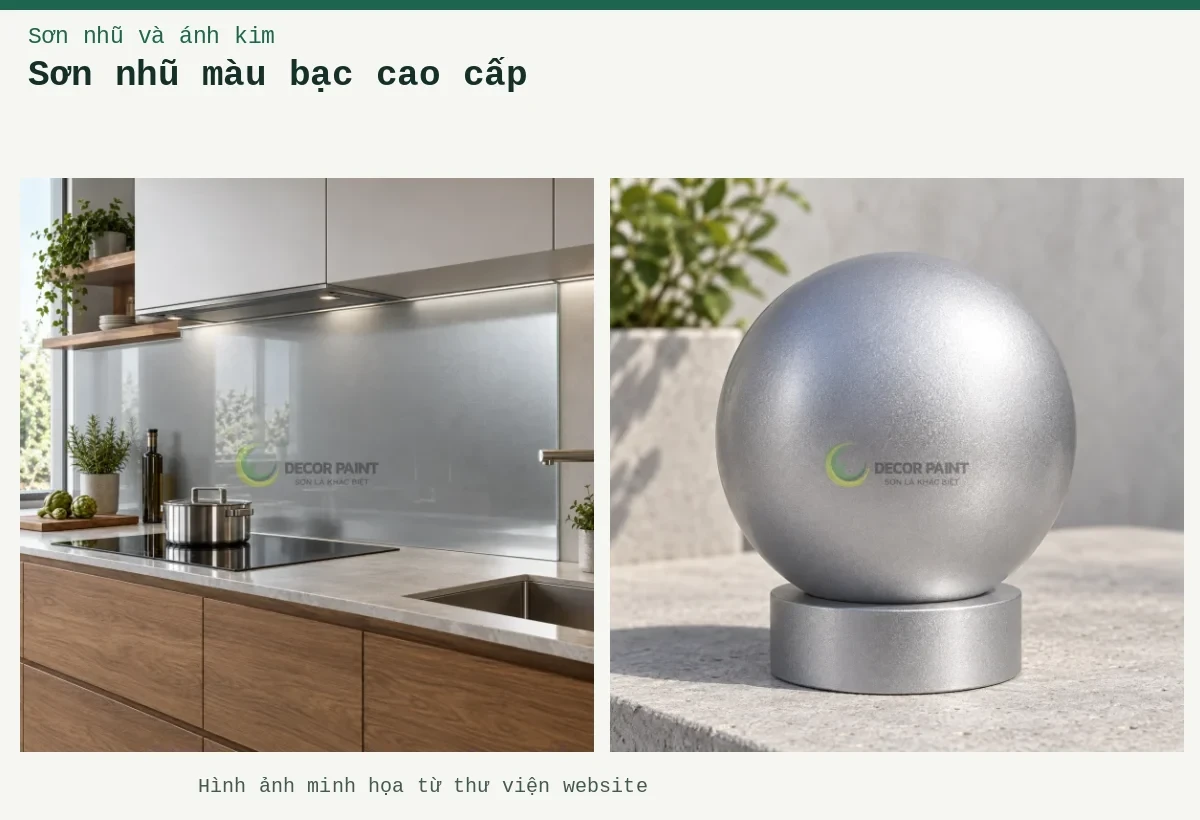 Sơn nhũ màu bạc cao cấp – Ảnh minh họa: Khối cầu trang trí nhũ bạc; Kính ốp bếp phủ nhũ bạc.