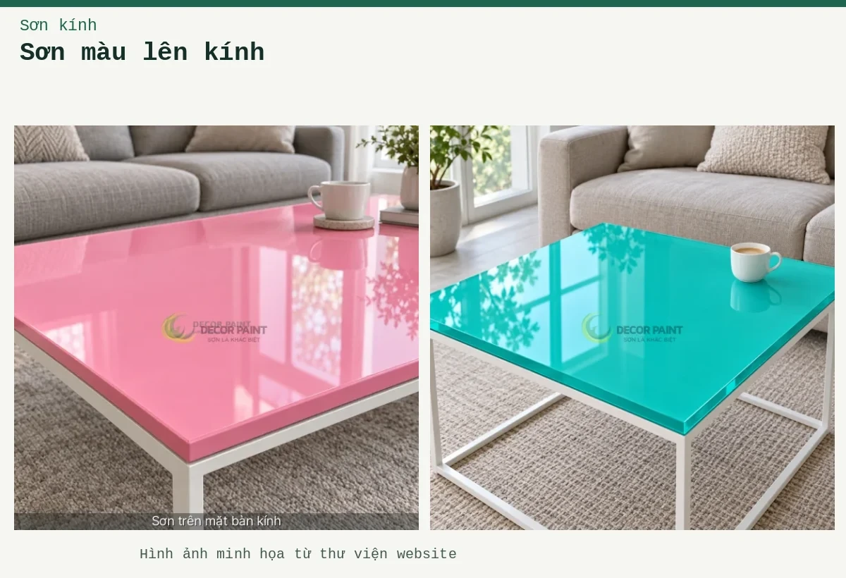 Sơn màu lên kính – Ảnh minh họa: Mặt bàn kính màu hồng; Mặt bàn kính xanh ngọc.