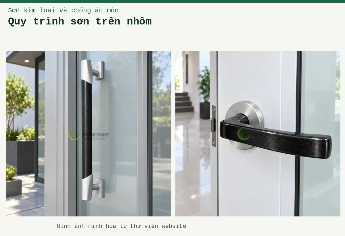 Quy trình sơn trên nhôm – Ảnh minh họa: Tay gạt trên cửa nhôm trắng; Tay nắm cửa nhôm.
