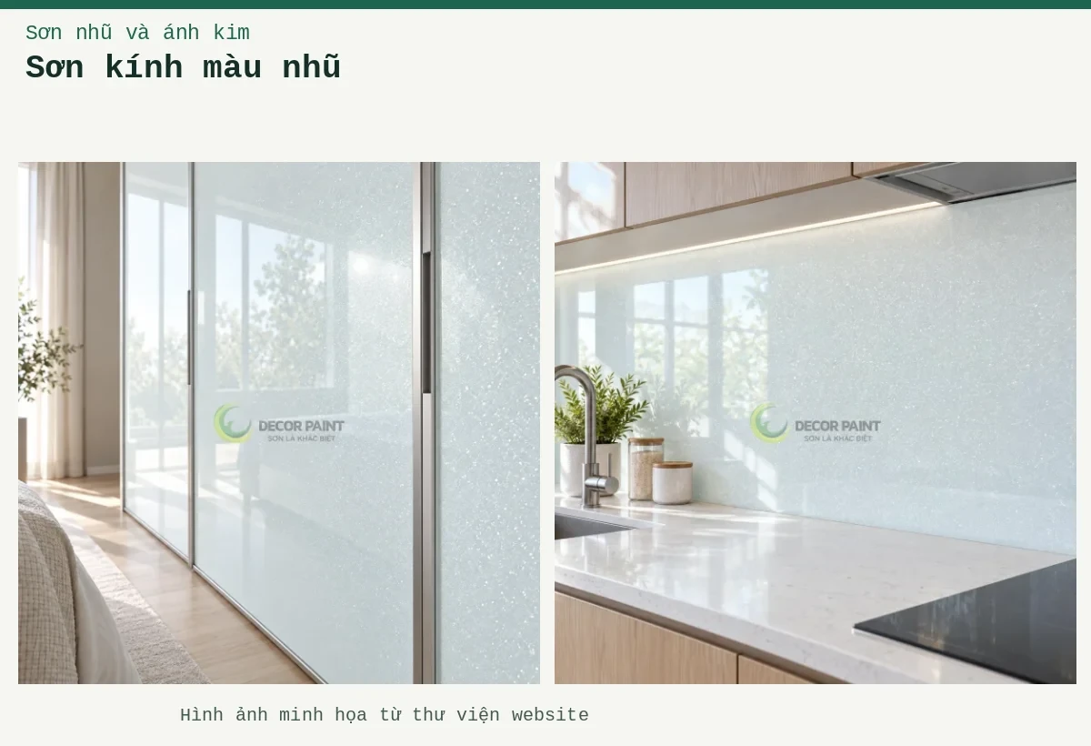 Sơn kính màu nhũ – Ảnh minh họa: Kính bếp trắng nhũ; Cánh tủ kính trắng nhũ.