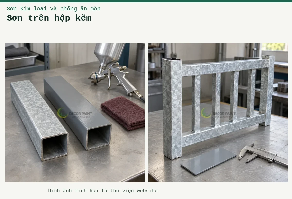 Sơn trên hộp kẽm – Ảnh minh họa: Mẫu ống thép hộp mạ kẽm và mẫu đã phủ màu xám trên bàn chuẩn bị bề mặt; Mẫu hàng rào thép mạ kẽm, tấm màu xám và thước cặp trên bàn.