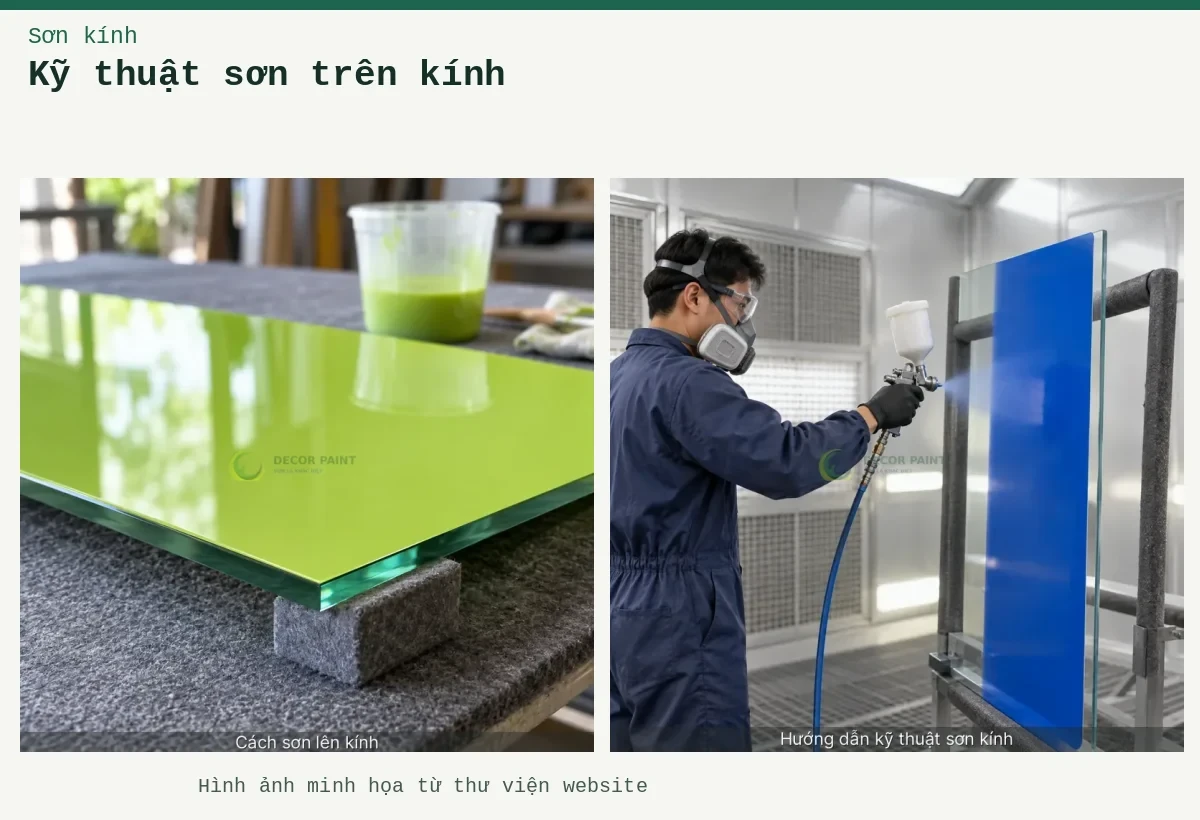 Kỹ thuật sơn trên kính – Ảnh minh họa: Minh họa hướng dẫn kỹ thuật sơn kính với bề mặt kính và màu xanh dương; Tấm kính sơn xanh nõn chuối trên bàn kỹ thuật.