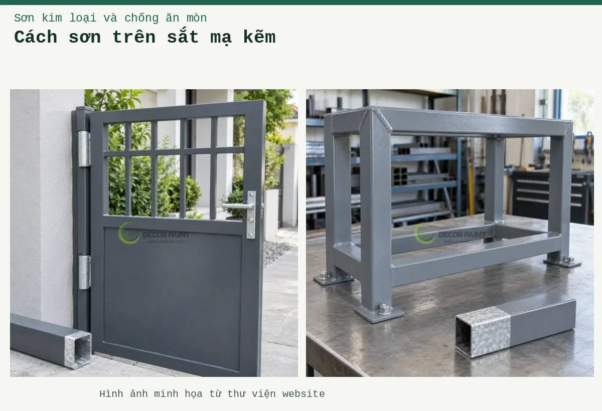 Cách sơn trên sắt mạ kẽm – Ảnh minh họa: Cửa sắt mạ kẽm phủ màu ghi cùng mẫu vật liệu đối chiếu; Khung sắt mạ kẽm phủ màu ghi và mẫu ống hộp để đối chiếu bề mặt.