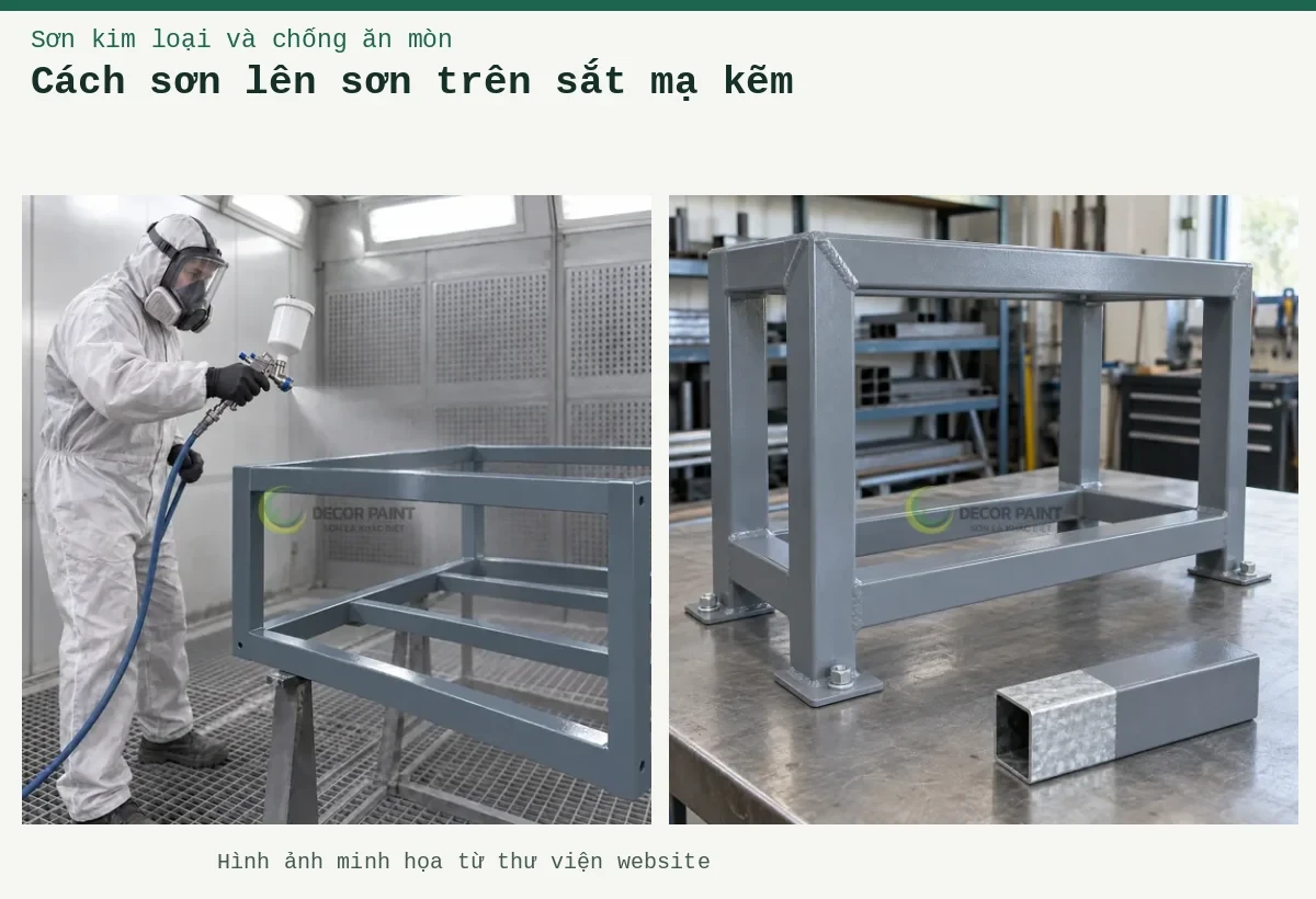 Cách sơn lên sơn trên sắt mạ kẽm – Ảnh minh họa: Khung sắt mạ kẽm phủ màu ghi và mẫu ống hộp để đối chiếu bề mặt; Minh họa phun sơn ghi nhạt trên khung sắt mạ kẽm trong buồng phun.