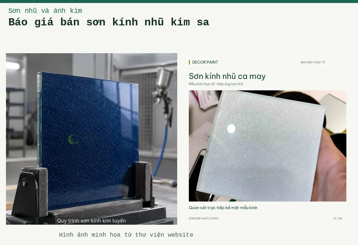 Báo giá bán sơn kính nhũ kim sa – Ảnh minh họa: Tấm kính xanh dương có hiệu ứng nhũ kim sa mịn; Sơn kính nhũ ca may – Mẫu kính thực tế.